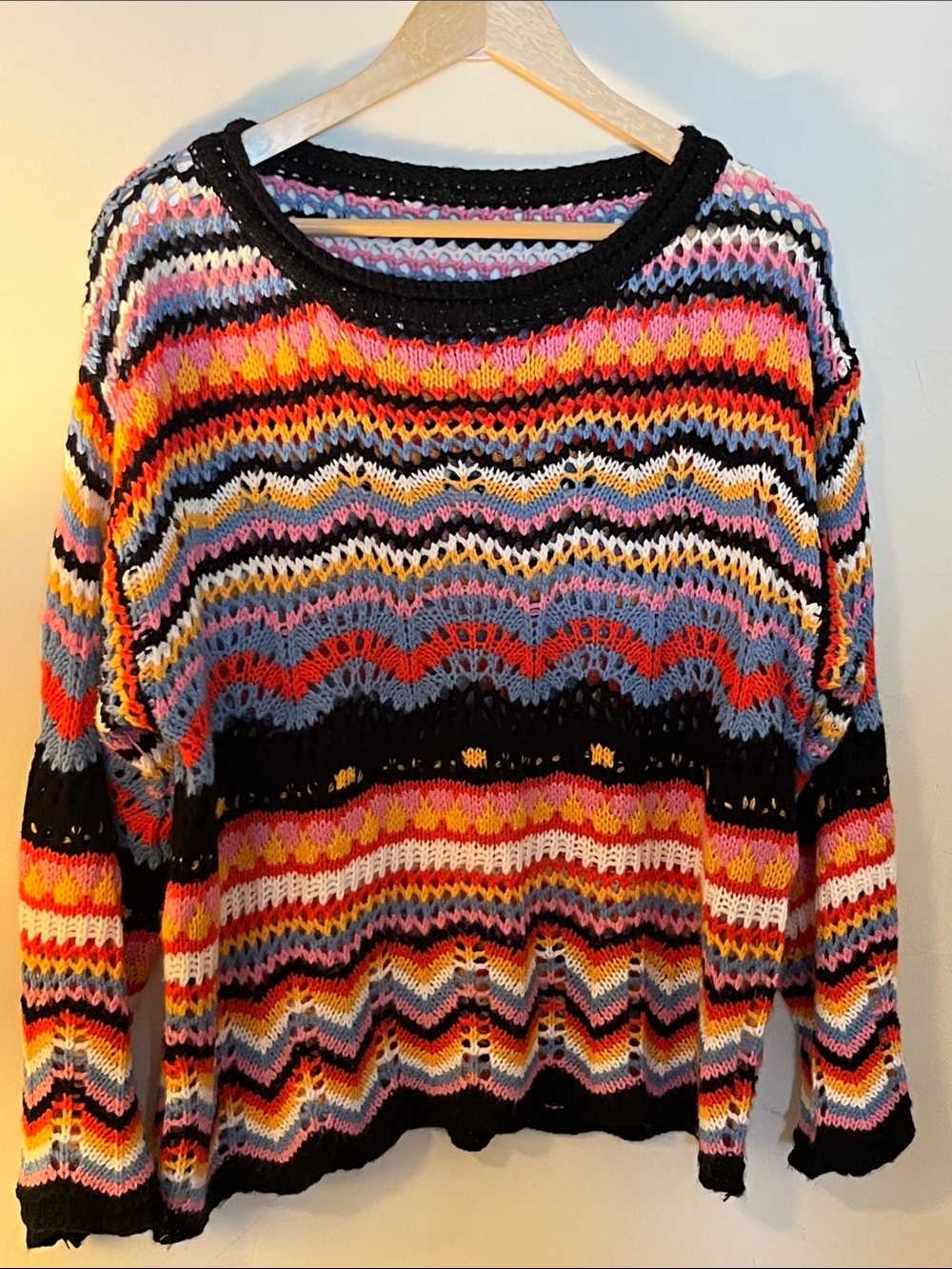 Multicolor Open-Knit Striped Women’s Sweater - Pink, Orange & Black